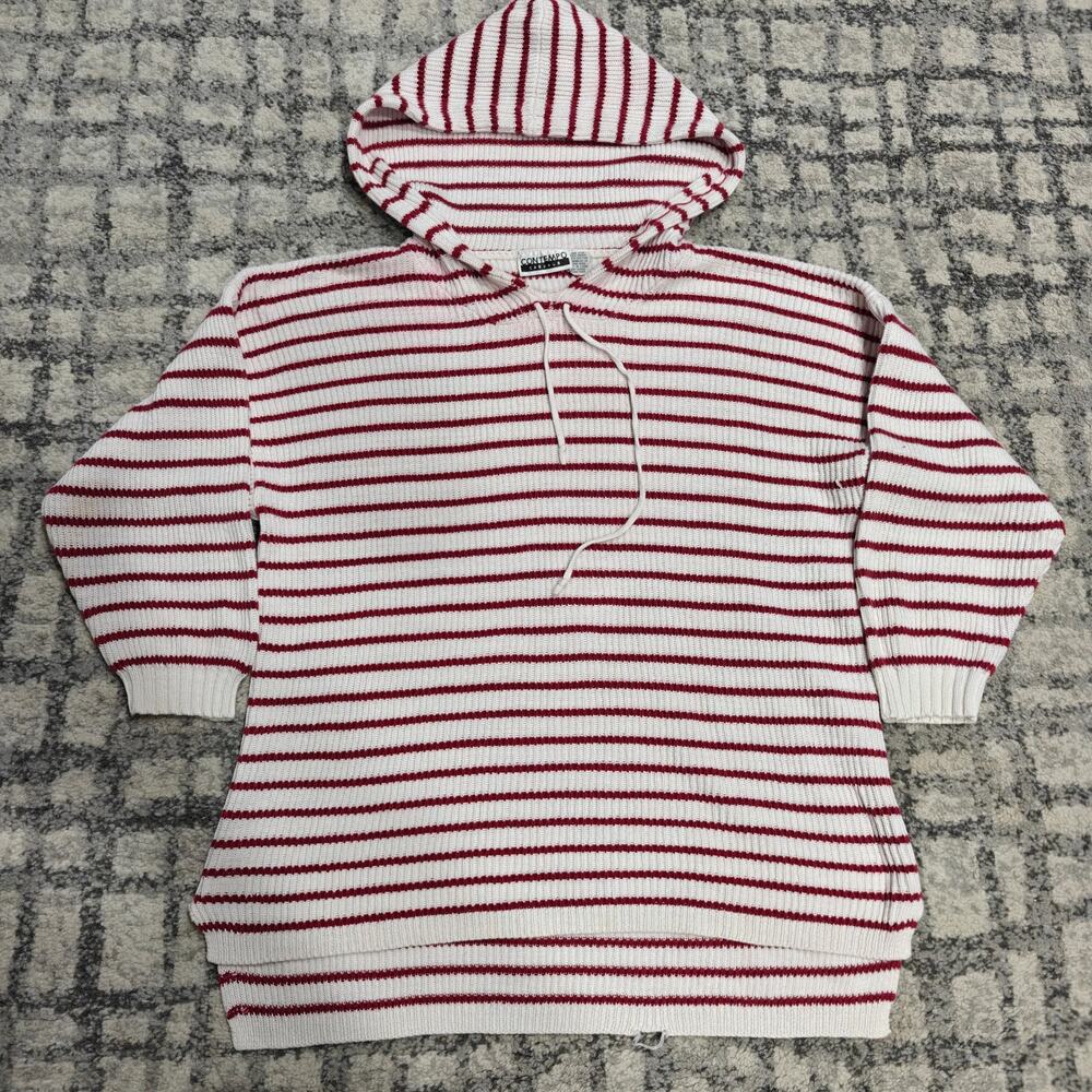 Vintage Contempo Casuals Striped Knit Hoodie Sweater Baja Boho Cream Red OSFM